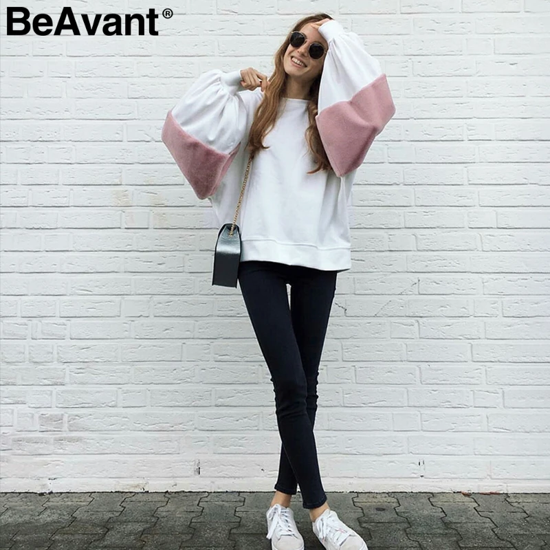 BeAvant лоскутное oversize Белый Толстовка Женщины Джемпер Повседневное пуловер с