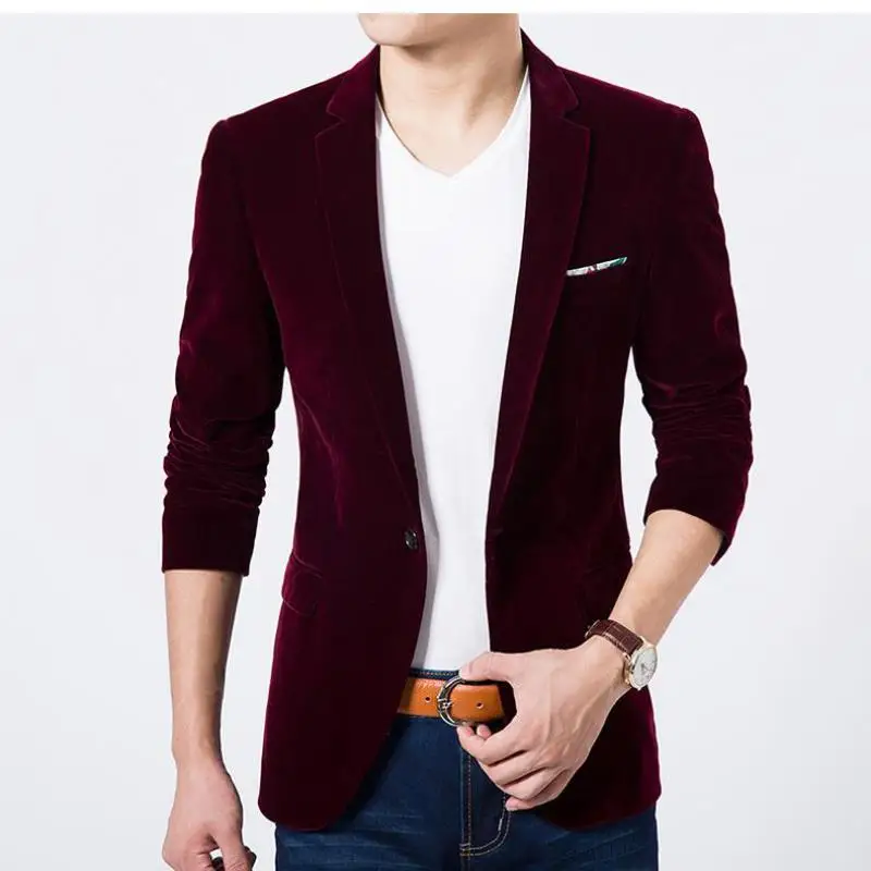 Men's Autumn Spring Mens Blazers Fashion Leisure Stage Suit Jacket for Men Singer Slim Fit Velvet Blazer in 3XL | Мужская одежда