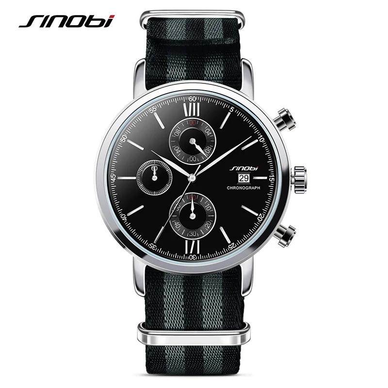 

SINOBI Sports Chronograph Men Wrist Watches NATO Strap Nylon Watchband Luxury Military Males Geneva Quartz Clock James Bond 007