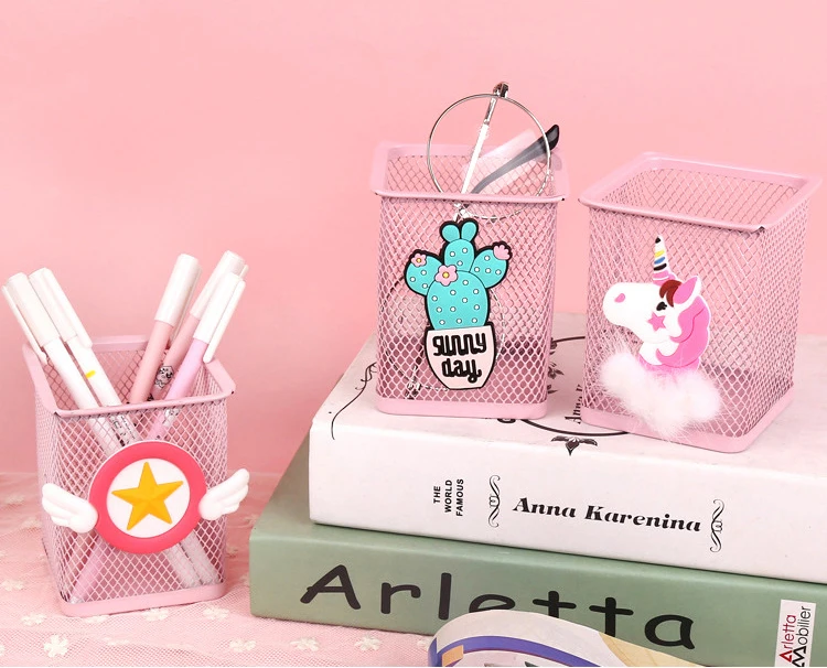 Pink Unicorn Cactus Flamingo Square Desktop Pen Holder Office School Metal Makeup Brush Storage Case Desk Pen Pencil Organizer
