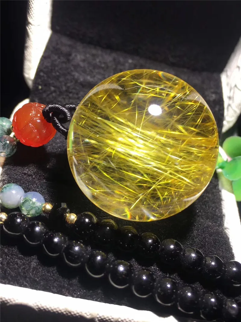 Натуральный Золотой рутиловый кварц ожерелье с кулоном 26 мм круглой формы