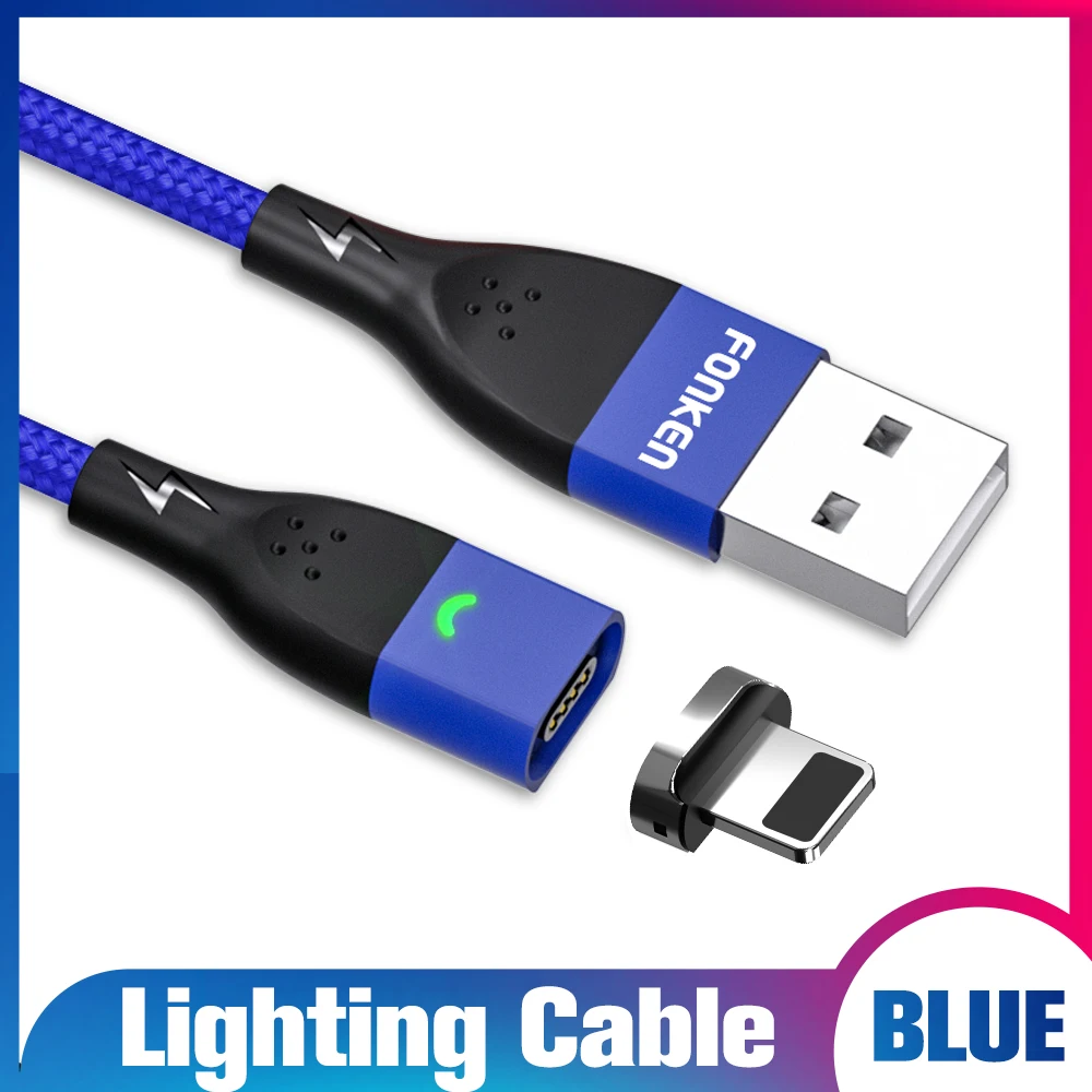 Blue Cable for IOS FONKEN Магнитный кабель type C кабель Micro USB провод для быстрой зарядки магнит быстрое зарядное устройство для мобильного телефона USB C кабели светодиодный провод для передачи данных - Цвет: Blue Cable for IOS