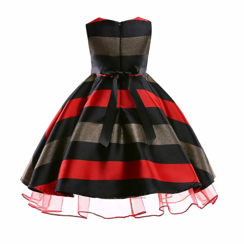 Girl lace bow ball gown dresses children's performance clothing sleeveless striped baby kids party wedding formal dress | Детская