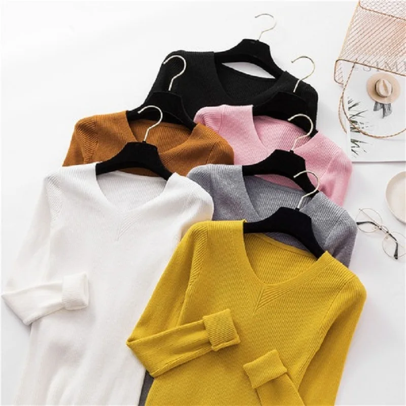 V Neck Sweater Women Pullover Knitted Warm Cashmere Long Sleeve Winter Jumper Womens Causal | Женская одежда