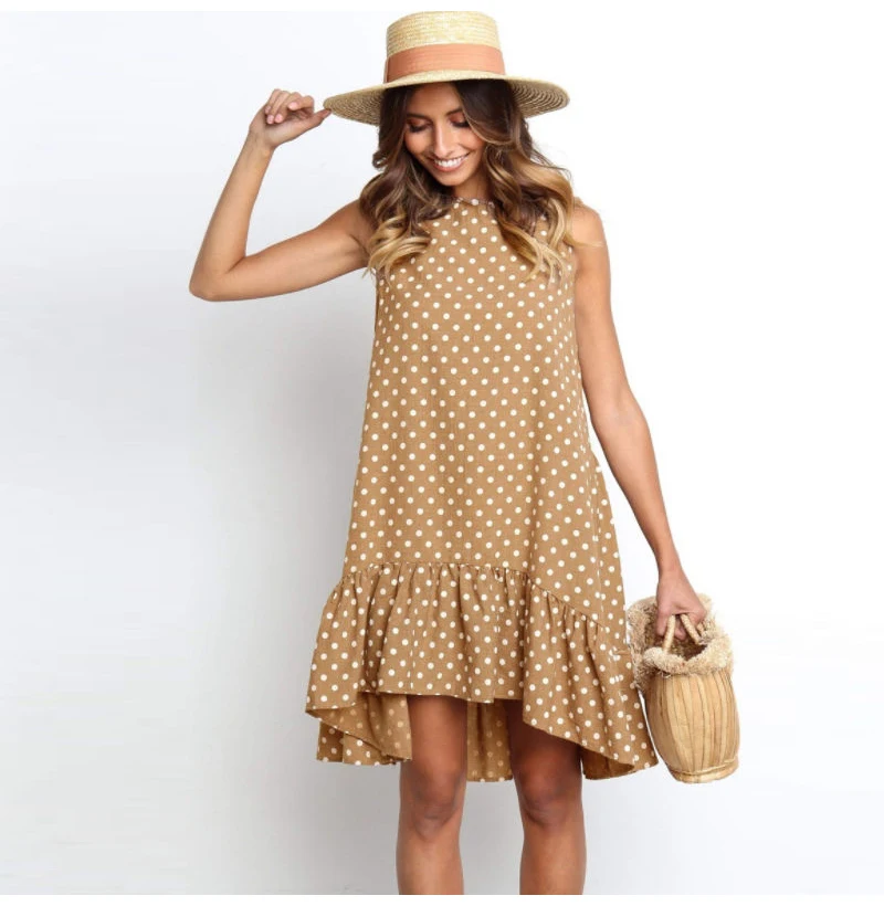 Vestidos, сексуальное ДРАПИРОВАННОЕ женское платье, новинка, летнее, без рукавов, повседневное, ТРАПЕЦИЕВИДНОЕ, свободное, в горошек, с принтом, Пляжное, короткое, мини, сарафан