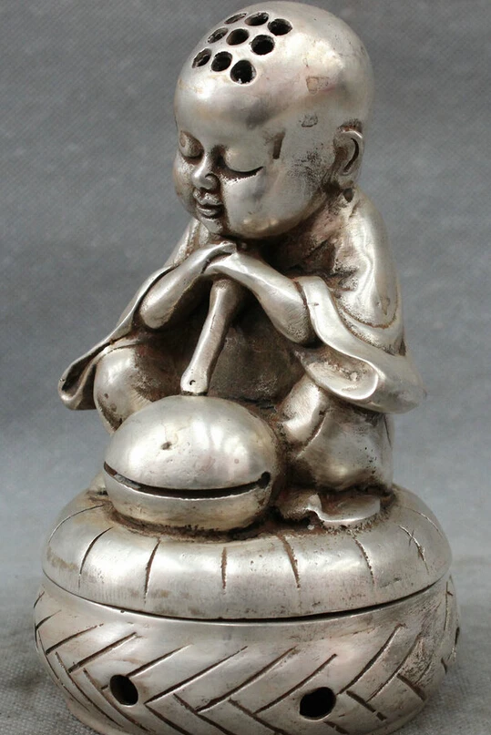 song voge gem S4235 Chinese Silver Buddhism Pray Kid Monk Buddha Statue Box Incense Burner Censer |