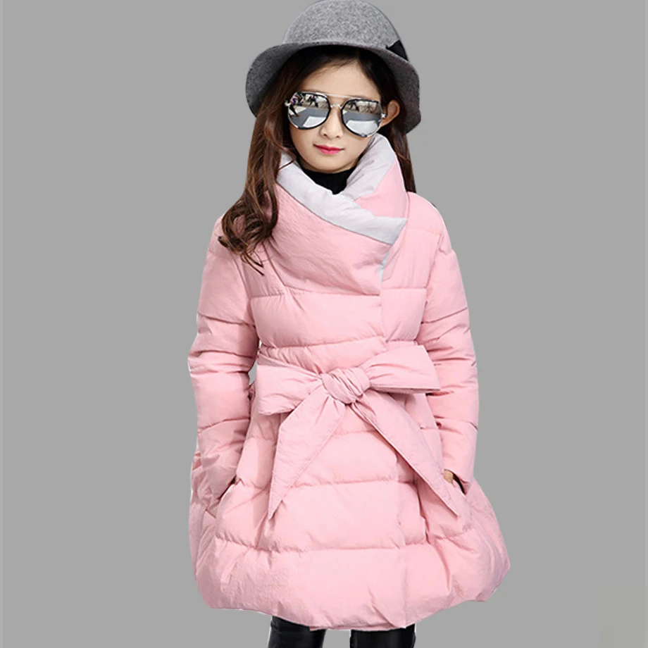 Зимняя парка для девочек плотные детские комбинезоны с высоким воротом и бантом