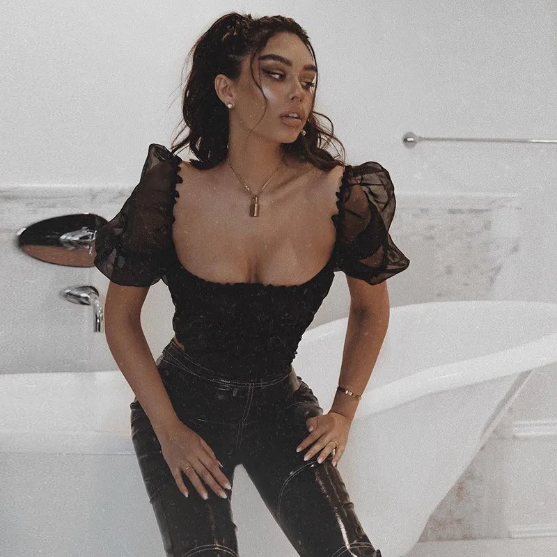 Square Collar Mesh Crop Tops Women Vintage Lace Strapless Puff Sleeve T-shirts Ladies Streetwear Fishnet Tee Shirts cwt0153-5 | Женская