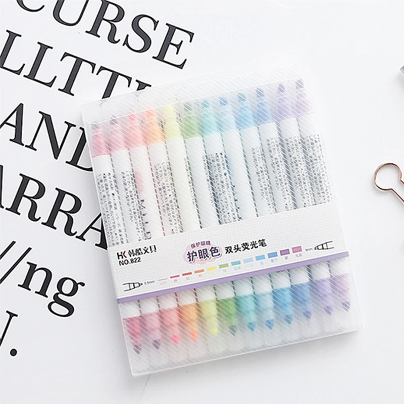 12 Color DoubleHead Highlighter Pen Account Diary Decoration Pastel Marker Note Oblique And Roumd Head Highlighte | Канцтовары для