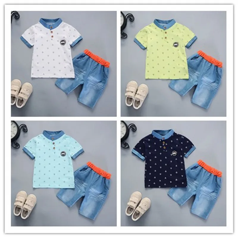 2019 Boys Clothes Set Summer Baby Cotton Anchor Print Infant Clothing Navy Blue White T shirts Shorts 1-5 Years |