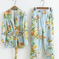 autumn womens suit european style holiday ladys pajamas flower pattern blue blazer and pant suit casual two piece suit