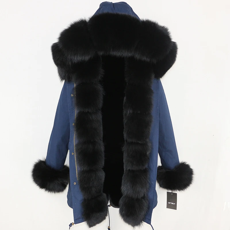 navy black OFTBUY, зимняя куртка, Женское пальто с натуральным мехом, брендовая Роскошная длинная парка, большой натуральный Лисий мех, уличная одежда, толстая теплая, 3 в 1 размера плюс - Цвет: navy black