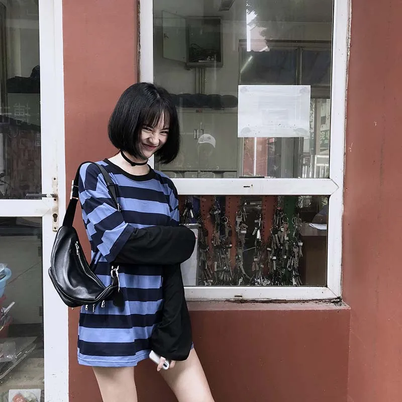 NiceMix Harajuku футболка Женские полосатые топы Лоскутные Поддельные 2 штуки свободная футболка с длинным рукавом женская уличная футболка