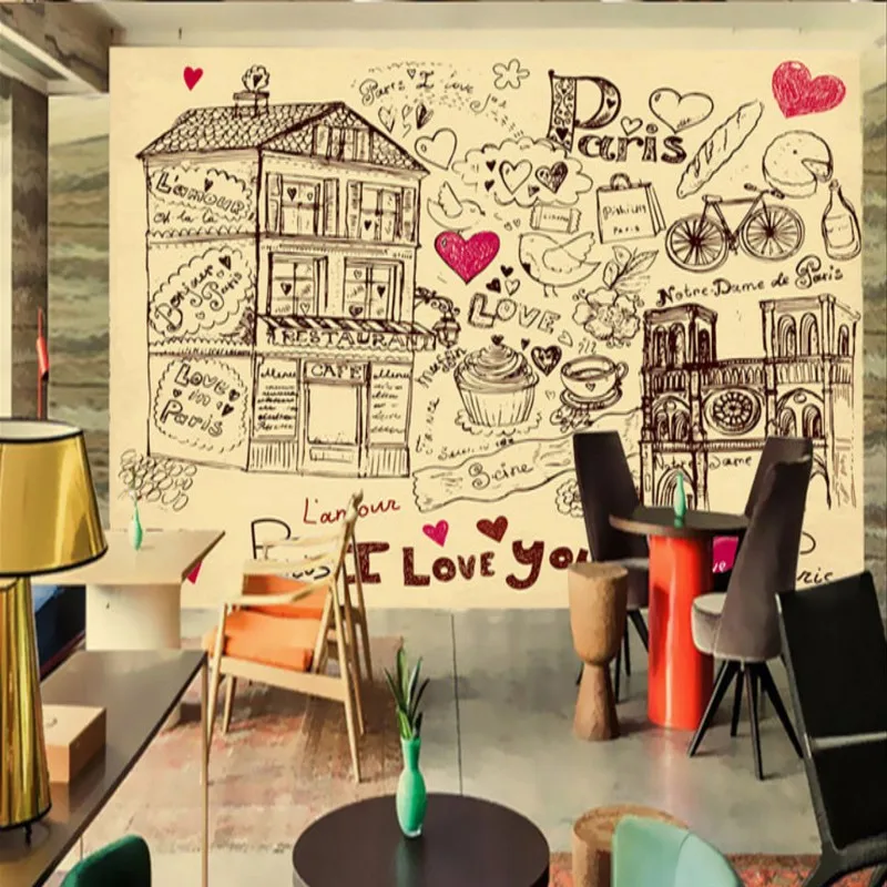 Фотообои Романтический Париж ручная роспись росписи Отель Ресторан фон Стена