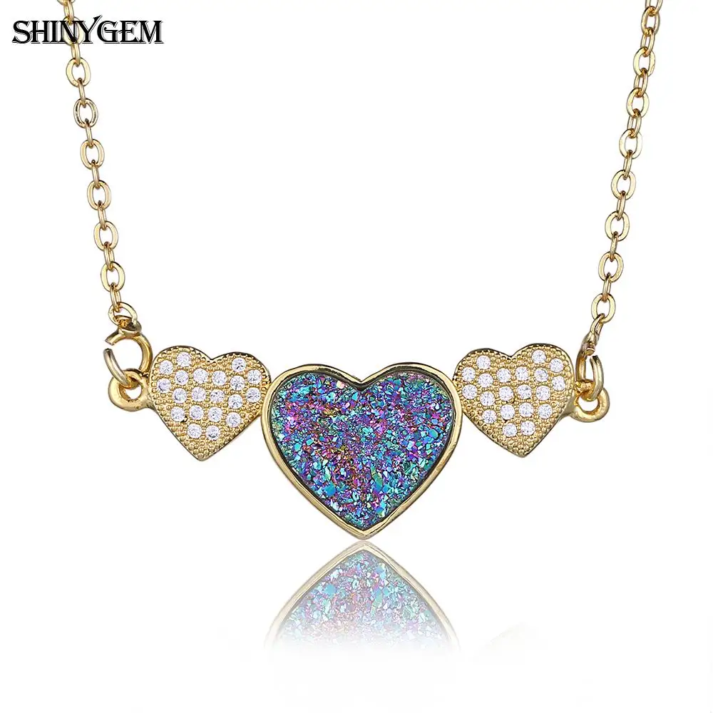 ShinyGem Druzy тройное Сердце ожерелье s золотое покрытие натуральный камень сердечко CZ