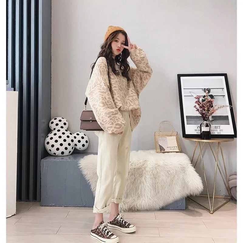 khaki leopard Модный вязаный женский свитер, пуловеры, свободные, большой размер, Леопардовый принт, пуловер, свитера, женский джемпер, свитер - Цвет: khaki leopard