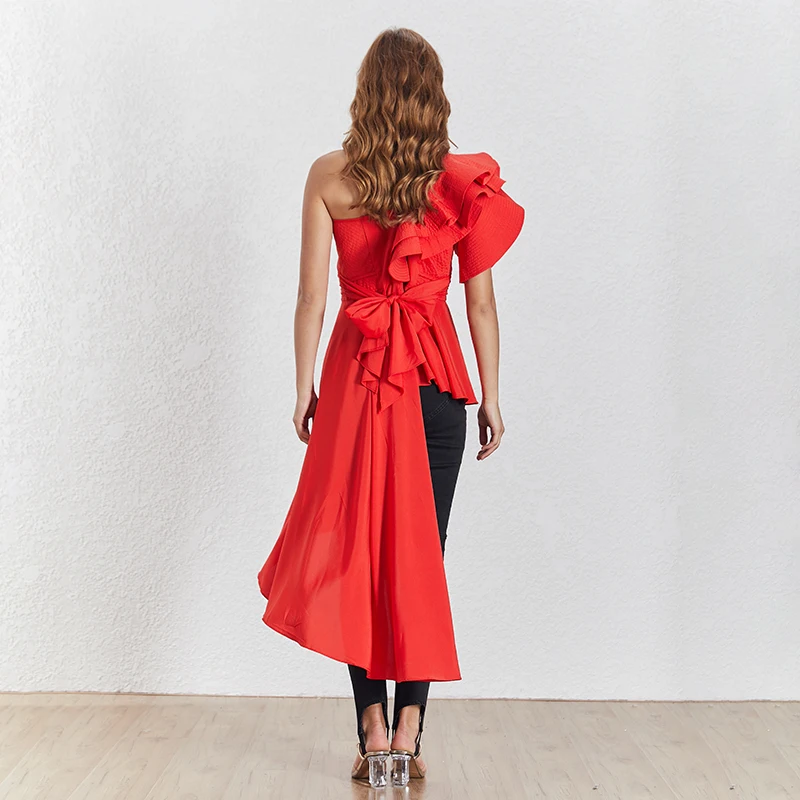 TWOTWINSTYLE модная летняя женская рубашка с бантом, асимметричный воротник, открытая спина, с открытыми плечами, однотонная блузка, Топ для женщин, новинка