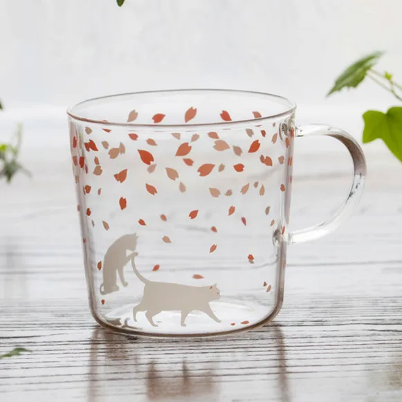 Японская стеклянная кофейная кружка Сакура, милая чайная кружка с котом, оленем, Кроликом, 280 мл, термостойкая стеклянная чайная чашка, кофейная чашка горничной, посуда для напитков - Цвет: Sakura Cat 280ml