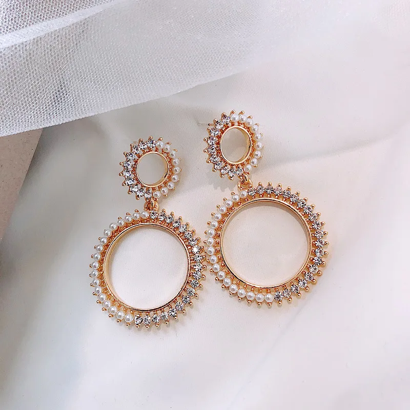 Женские серьги с кристаллами Hyperbole роскошные золотым жемчугом и стразами