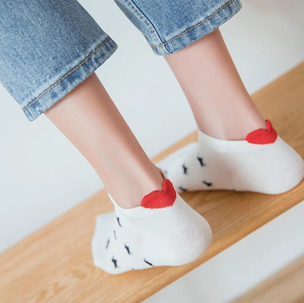 5pairs Women Cute Socks Harajuku Cartoon Cat Pattern Casual Cotton Happy Funny Female Ankle Socks Thin Summer Low Cut Style