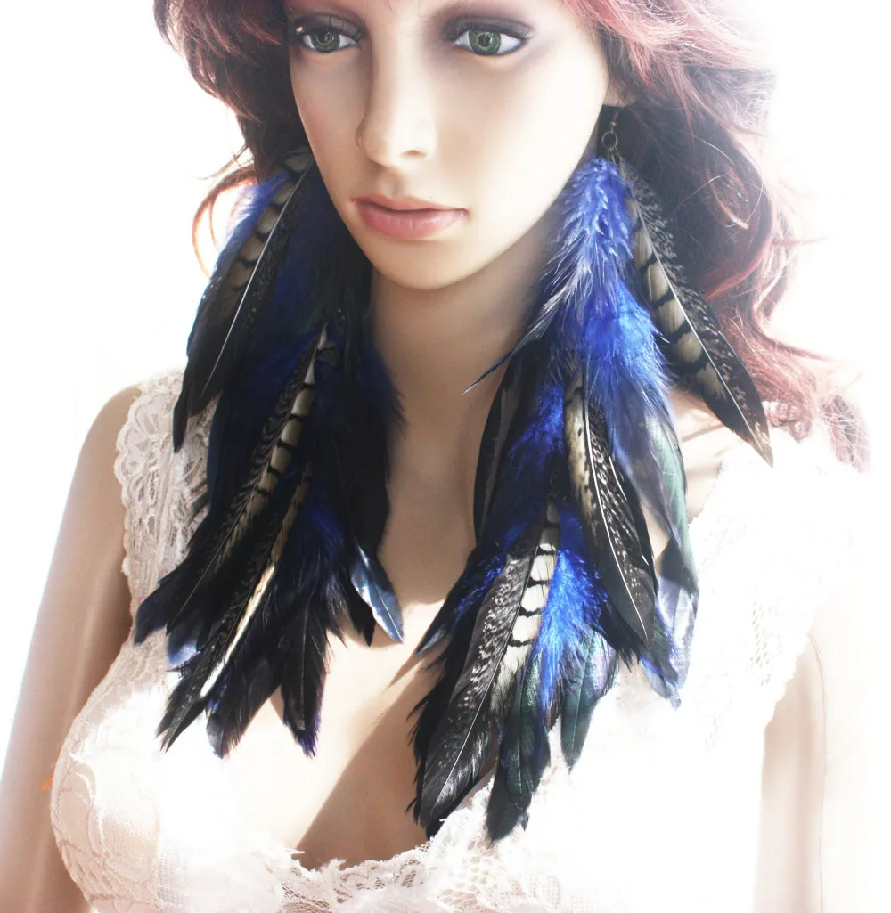 43b-7 Natural Navy blue Feather Earrings Jewelry 1 pair length 28-31cm | Украшения и аксессуары