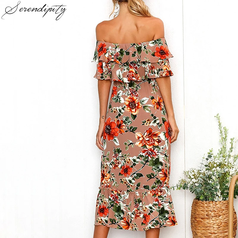 Женское платье с рюшами и цветочным принтом богемное Длинное Элегантное