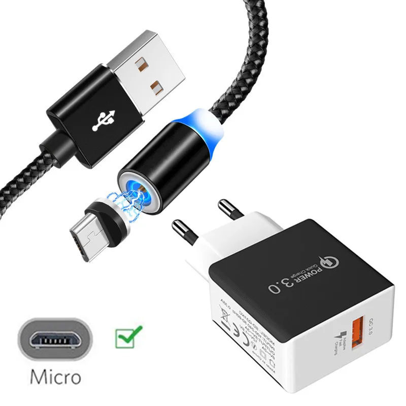 EU charger and cable Магнитное зарядное устройство Micro USB кабель для samsung Xiaomi 6A Redmi 7 6 Asus Max Pro ZB631KL ZB633KL Android phone QC 3,0 быстрый адаптер - Тип штекера: EU charger and cable