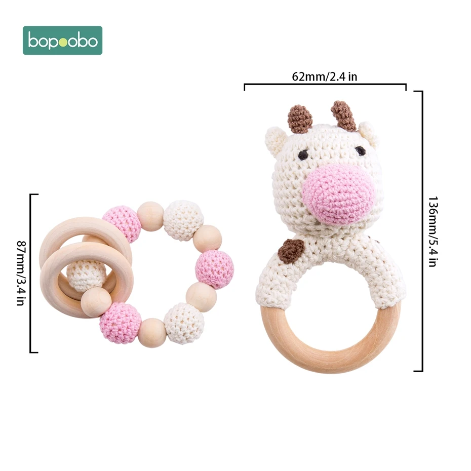 Cow Set 3 Bopobo/детский Прорезыватель для зубов; детская коляска с силиконовыми бусинами для активного отдыха; персональный фиксатор; цепочка для соски; погремушка; держатель для пустышки; деревянный Прорезыватель - Цвет: Cow Set 3