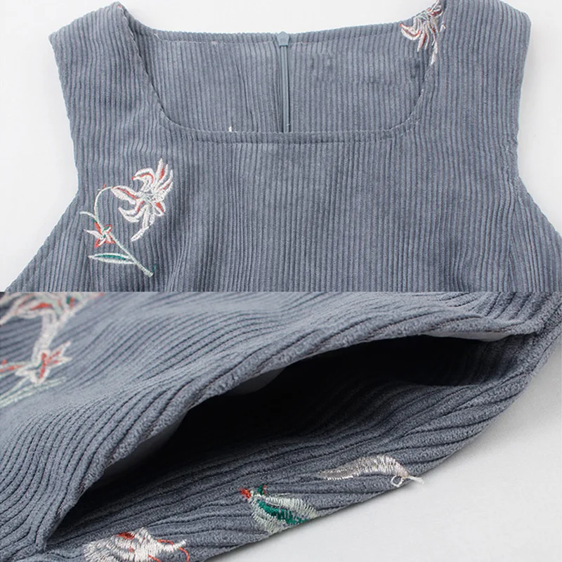 HELIAR Winter Sleeveless Embroidery Corduroy Dress Elegant Women Velvet Dress A-Line Dresses Pocket Grey Vintage Vestidos
