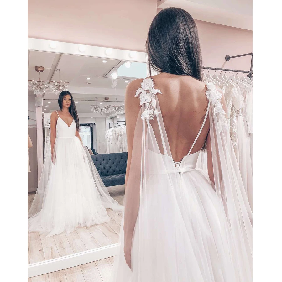 Сексуальные тонкие лямки Тюль свадебное платье Vestido De Novia без рукавов с v образным
