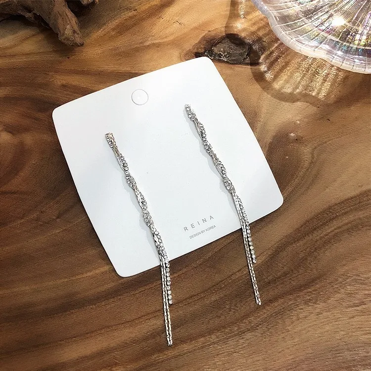 Корейские серьги, модные женские серьги, кристалл, циркон, серьги на цепочке, с бахромой, золото, серебро, гипоаллергенные медные ювелирные изделия - Окраска металла: silver