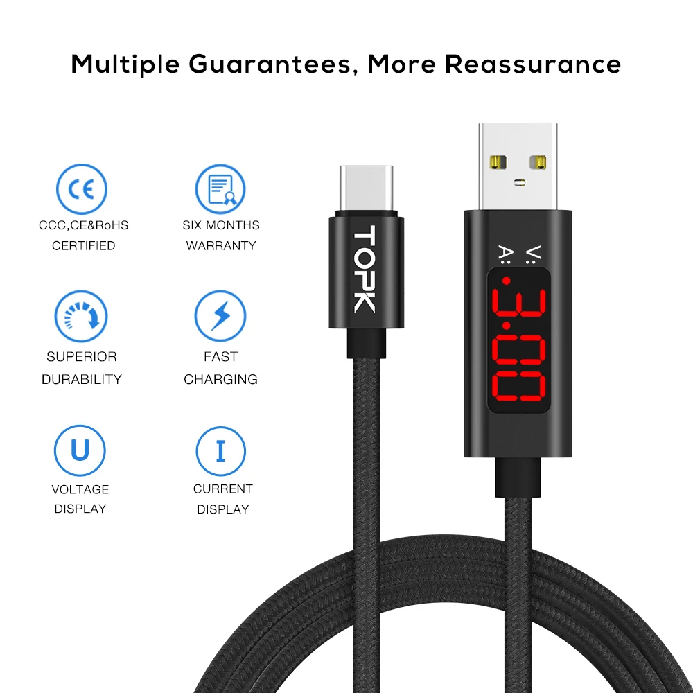 Кабель TOPK DLine1 usb type C с дисплеем напряжения и тока, нейлоновый плетеный кабель для быстрой зарядки type-C для samsung S9 Note 8 USB C
