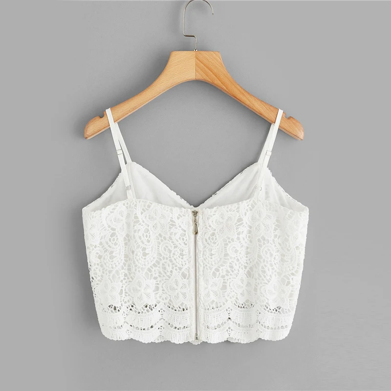 Dotfashion однотонный гипюровый кружевной короткий топ на молнии сзади, женские летние топы, одежда, повседневный жилет, Женская богемная майка с гребешком