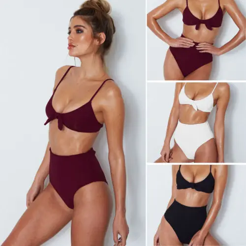 Сексуальный женский однотонный бикини купальник с высокой талией купальный