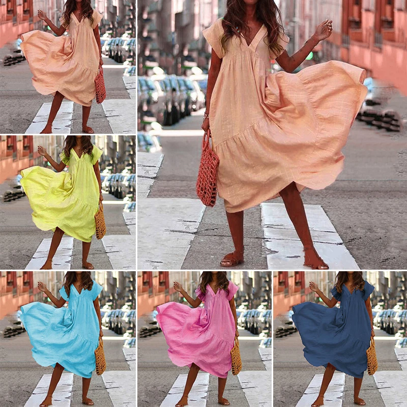 Летние платья для женщин женские свободные повседневные с v образным вырезом и