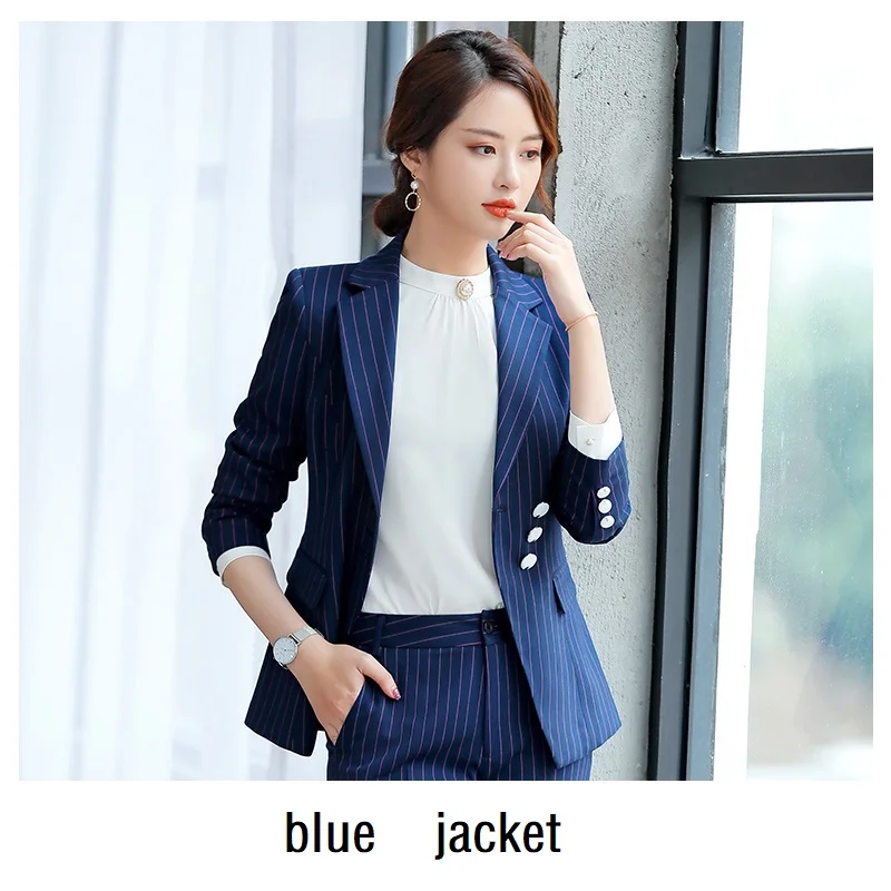 blue jacket Женские костюмы, приталенный пиджак в полоску с длинным рукавом, платье, комплект из 2 предметов, OL, официальные женские платья, костюмы, женский комплект, костюмы 871 - Цвет: blue jacket