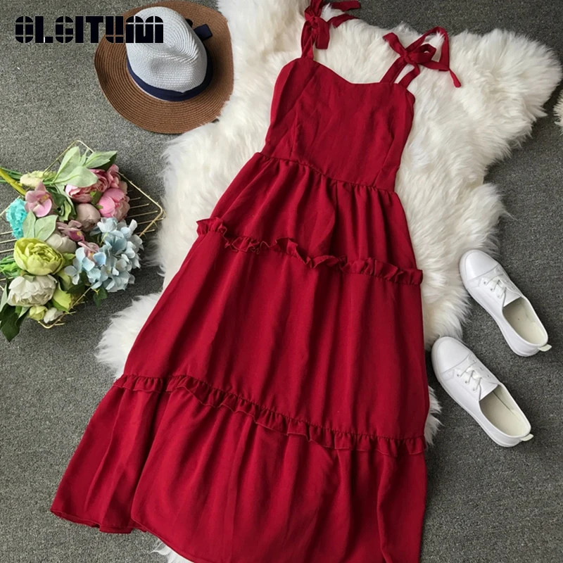 Женское шифоновое платье с завышенной талией однотонное в стиле ретро бантом