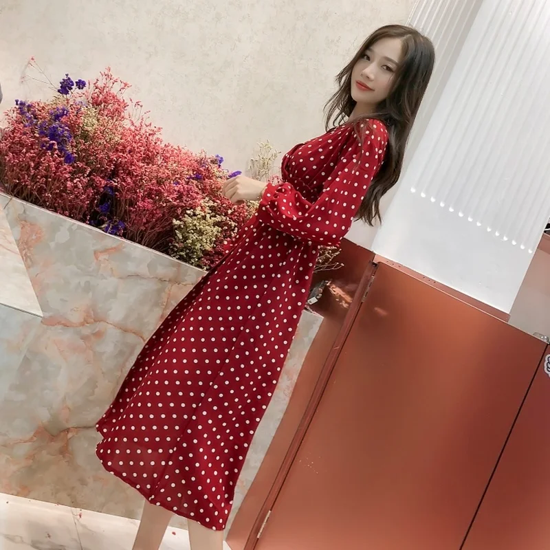 Осенне зимнее винтажное платье в горошек Boho 2018 корейские элегантные женские миди