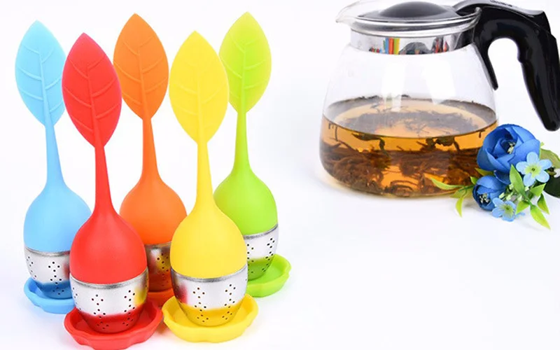 Multi Color Tea Infuser Sweet Leaf Silicone Filter Cute Reusable Strainer With Drop Tray Herbal Spice &amp Coffee |