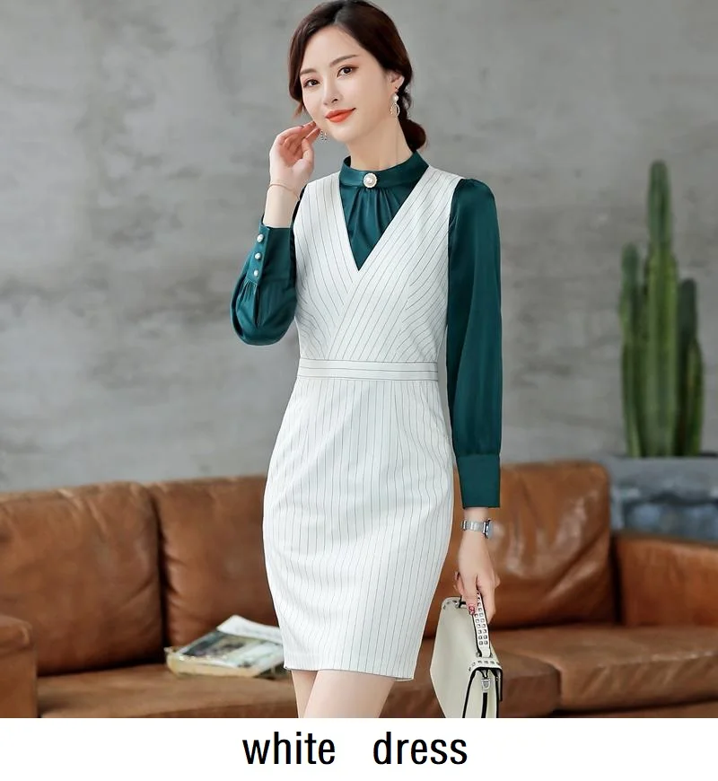 white dress Женские костюмы, приталенный пиджак в полоску с длинным рукавом, платье, комплект из 2 предметов, OL, официальные женские платья, костюмы, женский комплект, костюмы 871 - Цвет: white dress