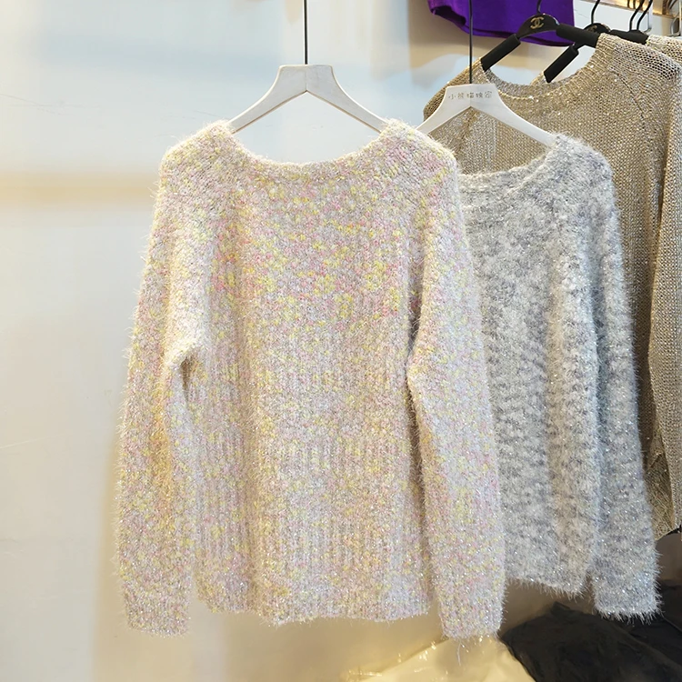 Женский Блестящий свитер из люрекса Cakucool золотистый пушистый джемпер с круглым