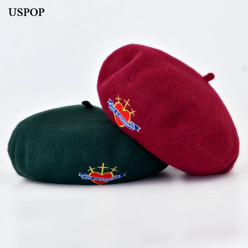 Женский шерстяной берет USPOP повседневный Толстый Теплый Зимний с вышитым