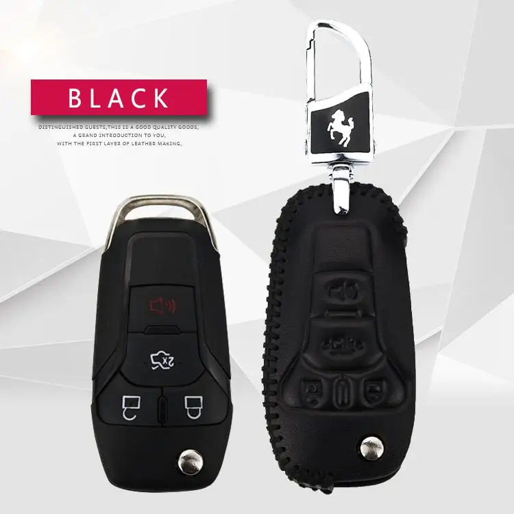 KUKAKEY чехол из натуральной кожи для автомобильных ключей для Ford ka Focus Fiesta fusion F150 F-150 Mustang Explorer с цепочкой для ключей - Название цвета: Black
