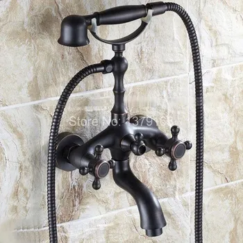 Bathroom Black Oil Rubbed Bronze Wall Mounted Clawfoot Tub Filler Faucet Handshower Double Cross Handles atf701