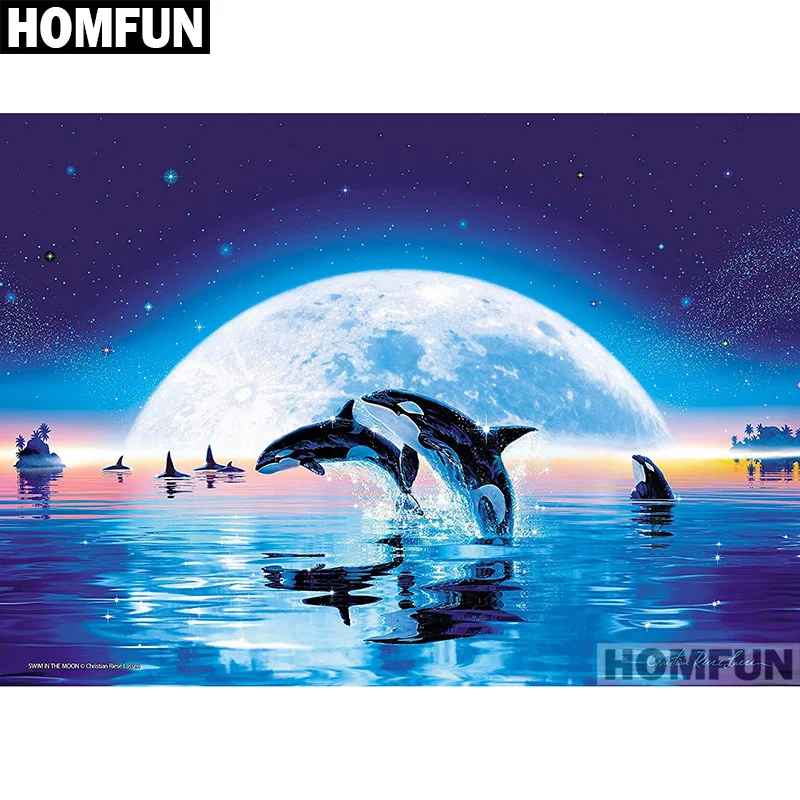 Алмазная 5D картина Дельфин лунный свет HOMFUN вышивка с квадратными/круглыми