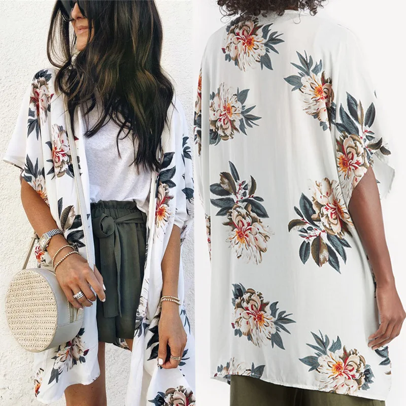 Длинная футболка женская летняя модная с коротким рукавом цветочным принтом