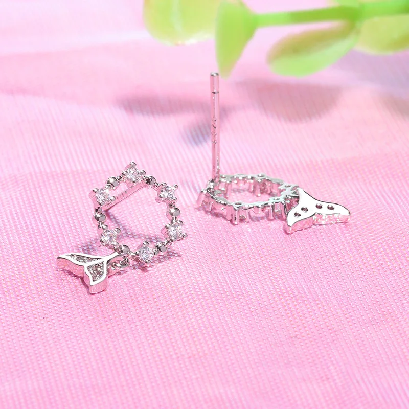 FENGLI Korean Fashion Silver Drop Earring Cute Whale Tail Crystal Earrings Women's Clothing Accessories boucle d'oreille bijoux |