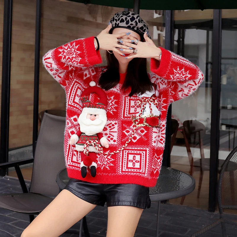 2018 autumn and winter new loose thick ladies sweater geometric pattern Christmas women's knitted jacket coat tide | Женская одежда