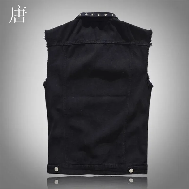 Тан Прохладный 2019 Для мужчин джинсовый жилет с заклепками Цвет Черный Сезон Slim fit