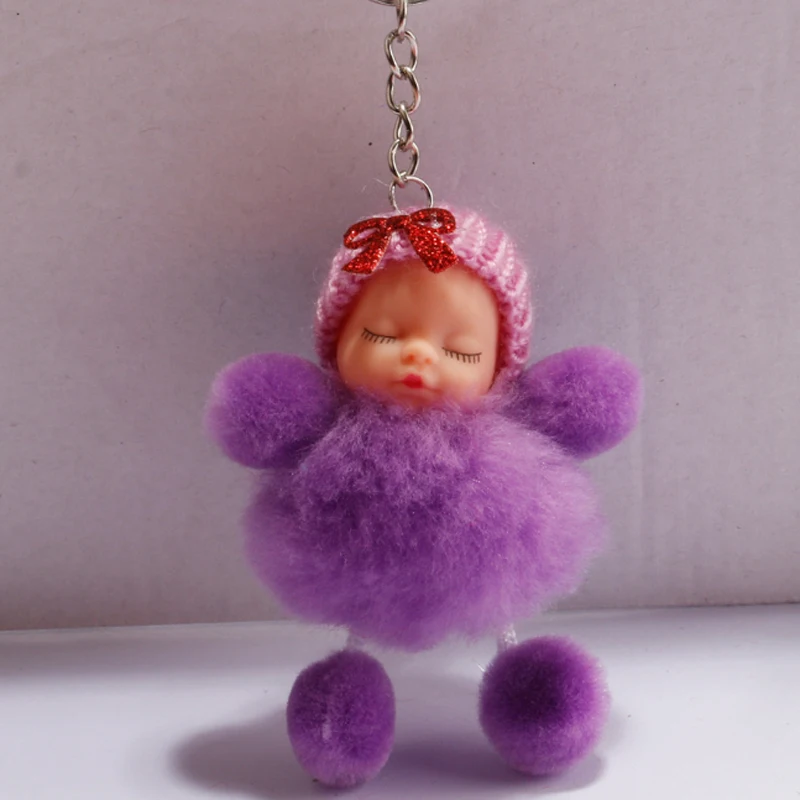 

New Sleeping Baby Doll Plush Toy Pompom Rabbit Fur Ball KeyChain Women Holder Bag Pendant Baby Toy Charm Accessories QS1816